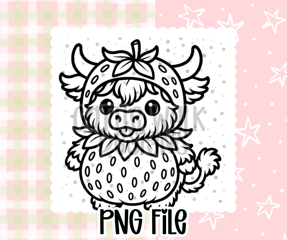 Strawberry Highland Cow Outline – Chunky Bold Freshie PNG
