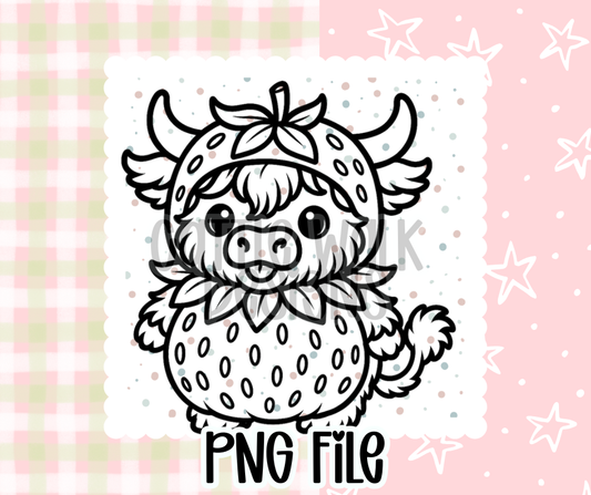 Strawberry Highland Cow Outline – Chunky Bold Freshie PNG
