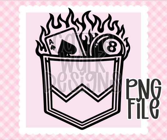 Flaming Pocket PNG with Ace & 8 Ball | Bold Black & White Outline | Freshie & Craft PNG