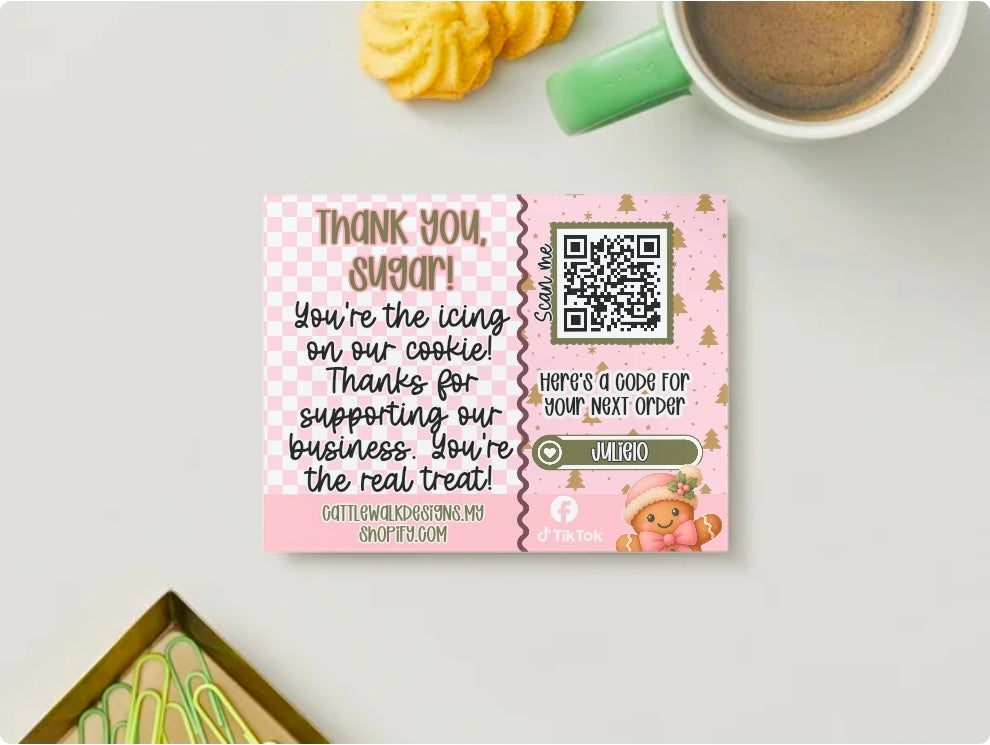 Sugar & Spice Editable Business Card Template + 6 Sweet Packaging Stickers | Gingerbread Canva Thank You Card for Small Businesses