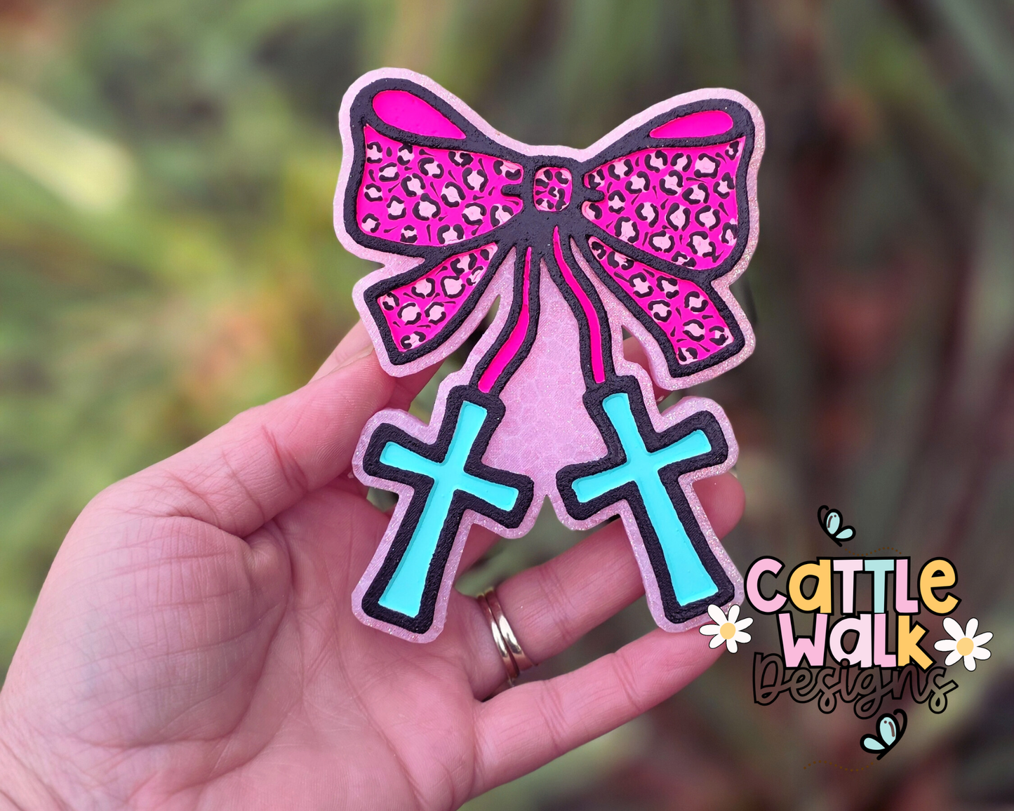 Pink Leopard Bow Cross Freshie – Faith Car Freshie – Strawberry Cake Pop Scent
