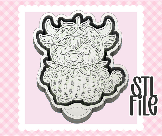 Strawberry Highland Cow STL File | Chunky Bold Mold-Ready 3D Print | Freshie & Craft Mold Design