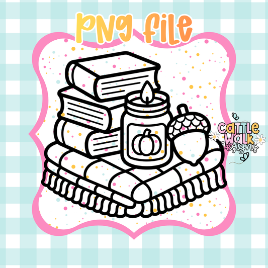 Cozy Books, Blanket & Acorn Candle PNG | Fall Reading Digital Download | Autumn Sublimation PNG | Printable Design