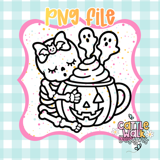Cute Skeleton with Ghost Cocoa PNG | Halloween Skeleton Sublimation Design | Digital Download