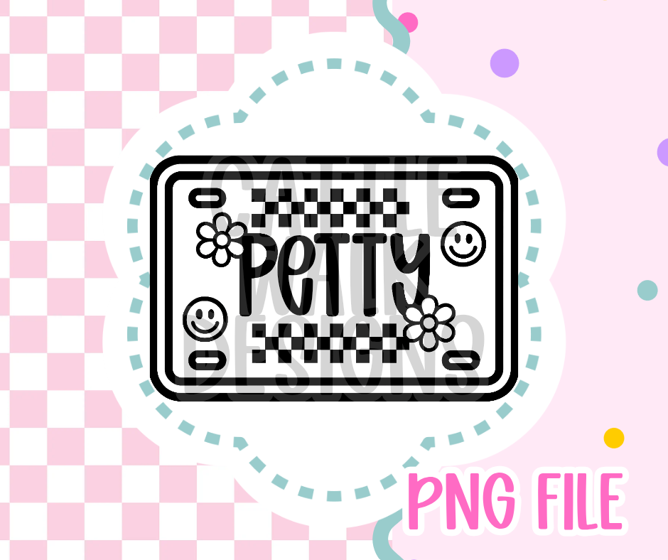 “Petty” License Plate Outline PNG – Retro Checkered Plate with Flowers & Smiley Faces