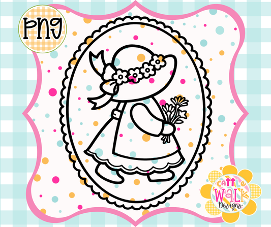 Vintage Little Girl PNG | Floral Bonnet Cameo Frame Design | Bold Outline Freshie Digital Download