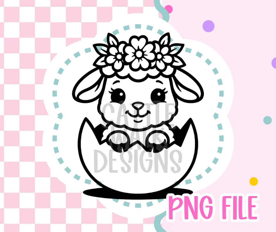 Easter Lamb Outline PNG – Baby Lamb in Cracked Egg with Floral Crown