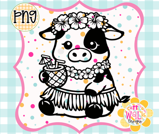 Hula Cow PNG | Tropical Highland Cow Summer Design | Bold Outline Freshie Digital Download
