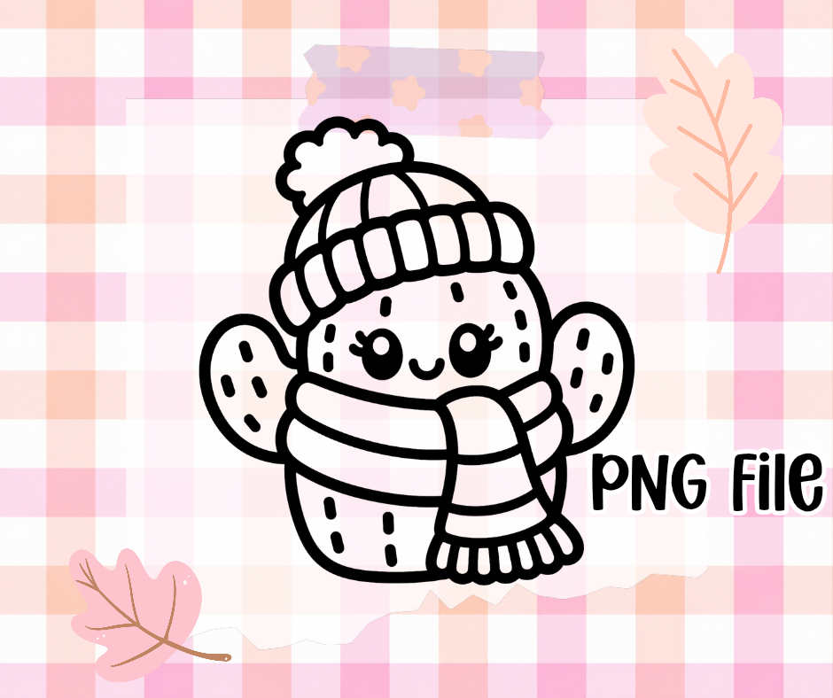 Cozy Winter Cactus PNG | Thick Black & White Outline | Freshie Mold Friendly | Digital Download