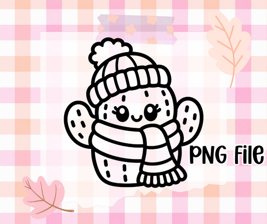Cozy Winter Cactus PNG | Thick Black & White Outline | Freshie Mold Friendly | Digital Download