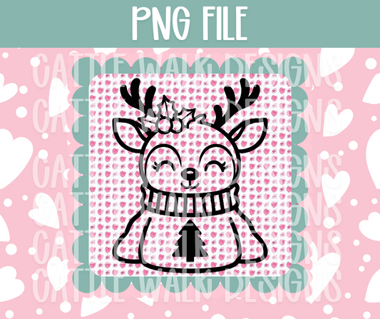 Reindeer in Sweater Outline PNG – Black & White Christmas Deer Clipart, Cute Holiday Line Art PNG for Sublimation, Coloring, Freshies, or Laser Cutting