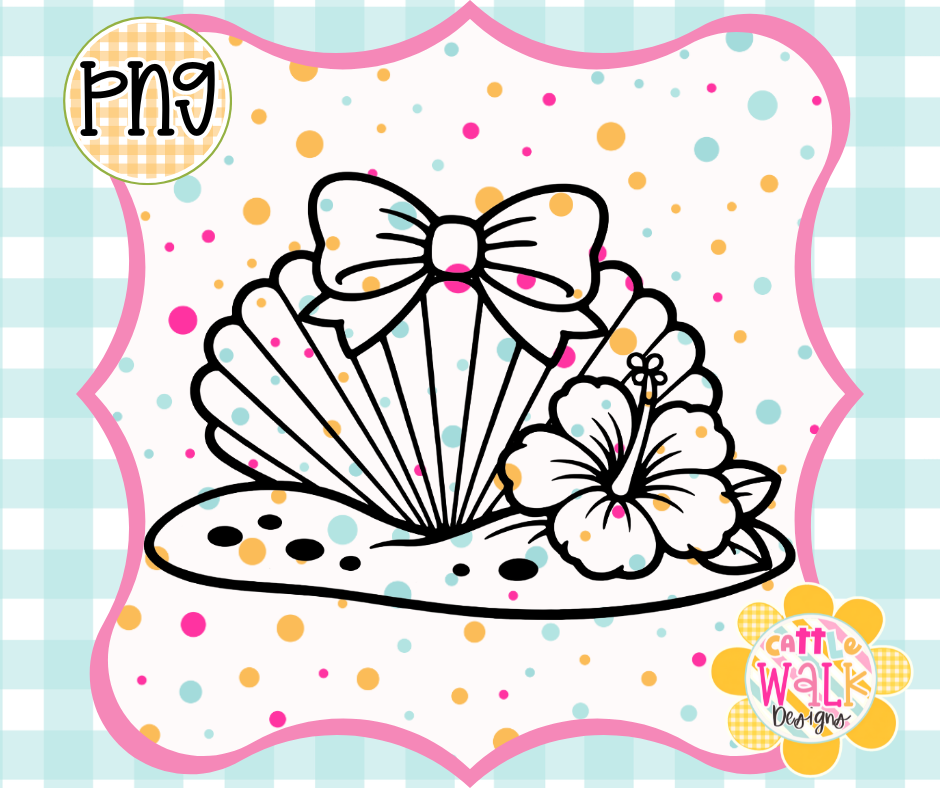Coastal Shell Bow PNG | Beach Hibiscus Summer Design | Bold Outline Freshie Digital Download