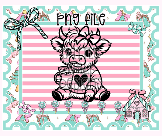 Cozy Highland Cow with Drink PNG