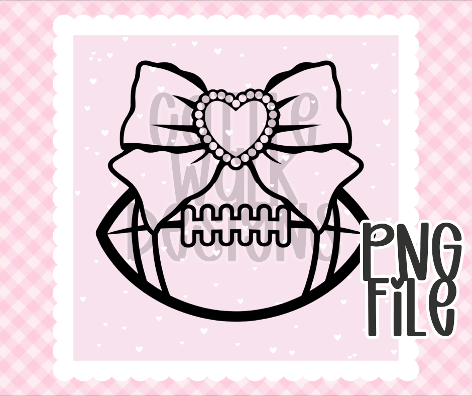 Coquette Football PNG with Pearl Heart Bow | Girly Sports Design | Bold Black & White Outline | Freshie & Craft PNG