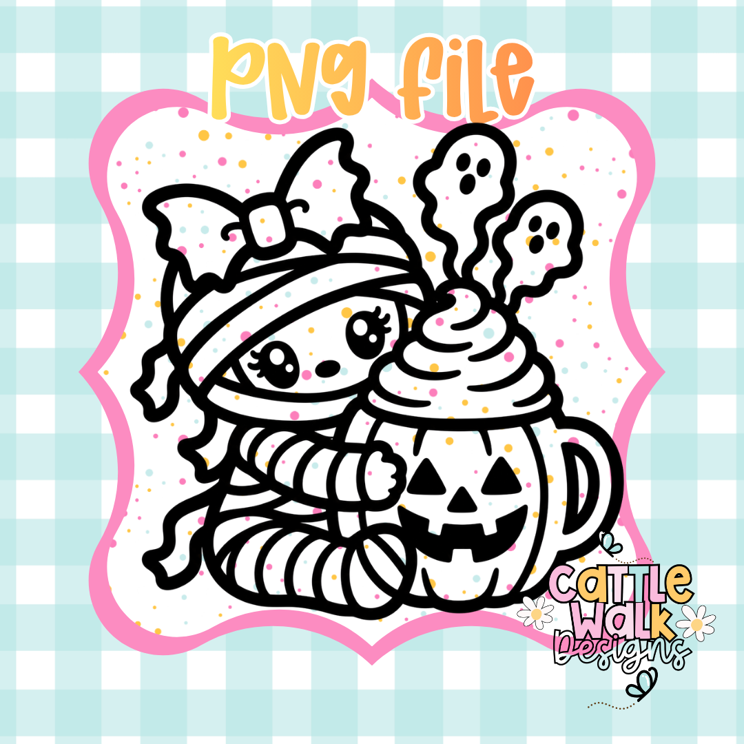 Cute Halloween Mummy with Ghost Cocoa PNG | Spooky Cute Summerween Sublimation Design | Digital Download