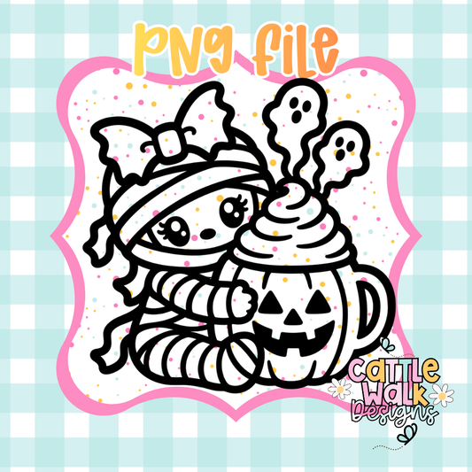 Cute Halloween Mummy with Ghost Cocoa PNG | Spooky Cute Summerween Sublimation Design | Digital Download