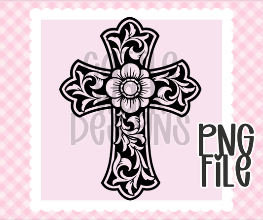 Ornate Floral Cross PNG | Christian Cross Design | Bold Black & White Outline | Freshie & Craft PNG