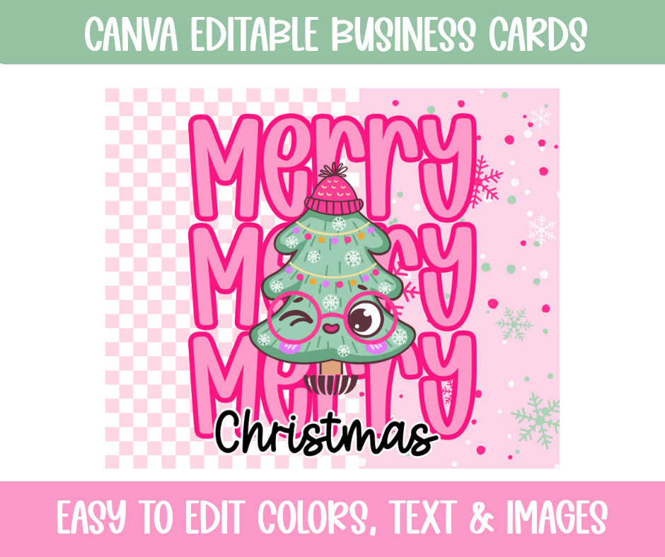 Merry Merry Merry Christmas Editable Business Card Template – Pink Retro Holiday Theme