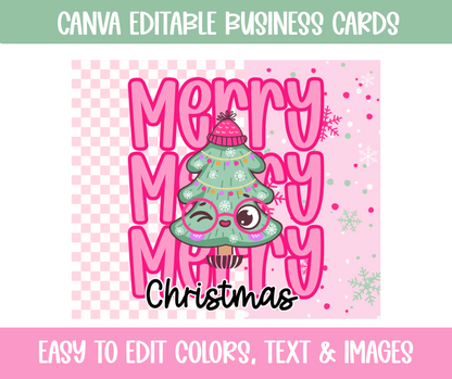 Merry Merry Merry Christmas Editable Business Card Template – Pink Retro Holiday Theme