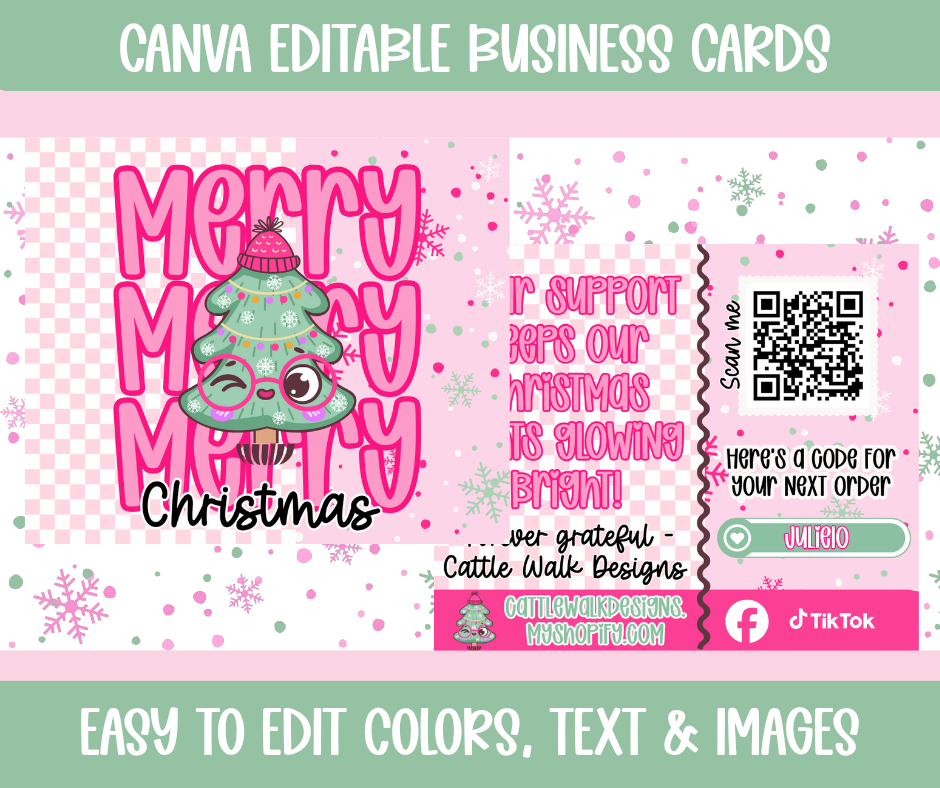 Merry Merry Merry Christmas Editable Business Card Template – Pink Retro Holiday Theme
