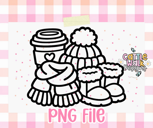 Cozy Winter Essentials PNG | Coffee, Beanie, Scarf & Boots Design
