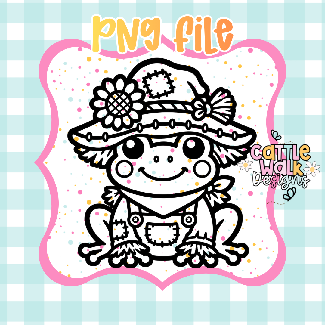 Scarecrow Frog PNG | Cute Fall Frog Digital Download | Black & White Outline Sublimation Design