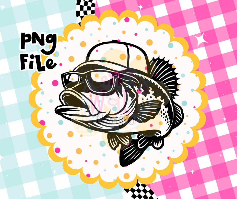 Cool Bass Fishing PNG | Funny Fish with Hat & Glasses | Retro Angler Design | Digital Download