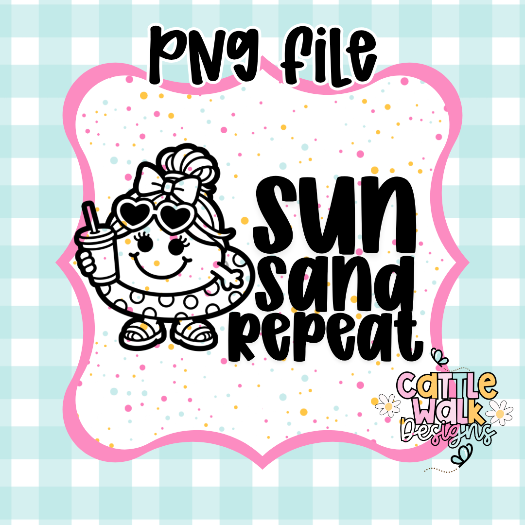 Sun Sand Repeat PNG | Summer Vibes PNG | Little Miss Beach Girl PNG | Kawaii Summer Freshie & Sublimation Design