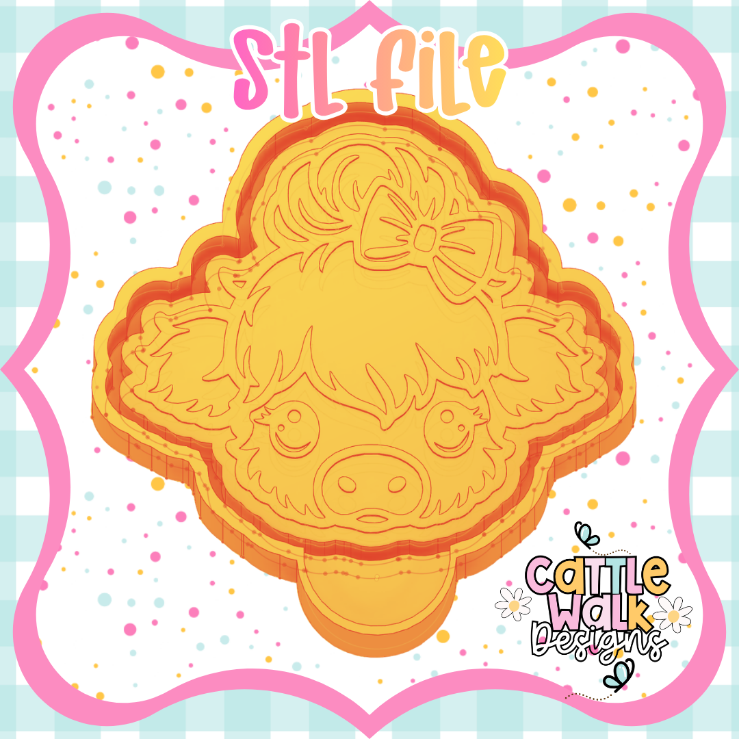 Highland Cow STL File w/ Bow | Kawaii Cow Head | Cute Freshie Mold STL | CWD-Style Bold Outline | 3D Print File