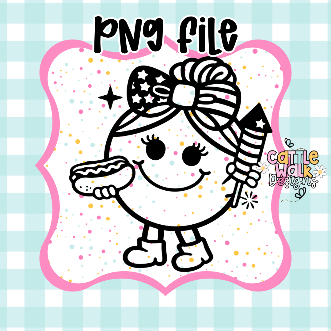 Little Miss Firecracker PNG | Patriotic Girl with Hot Dog & Rocket | 4th of July PNG | Cute Sassy Character | Freshie Mold PNG