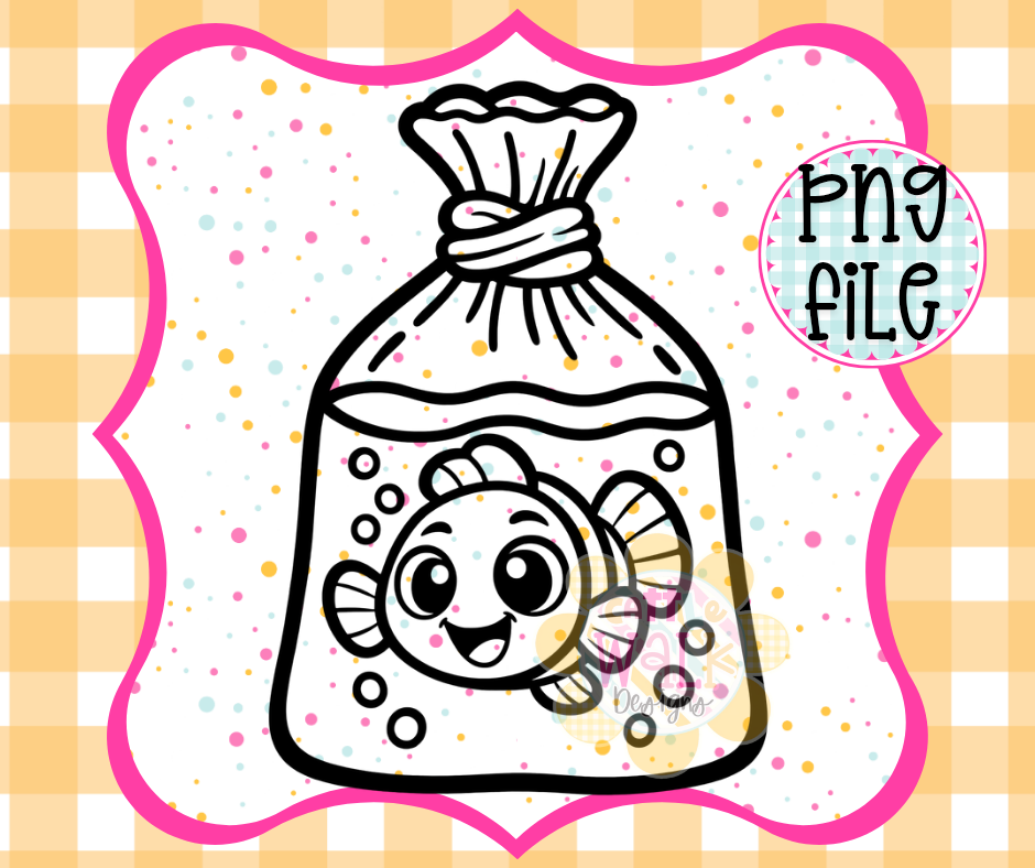 Fish in Bag PNG | Cute Fish Bag Outline | Kawaii Fish PNG | Freshie Design PNG