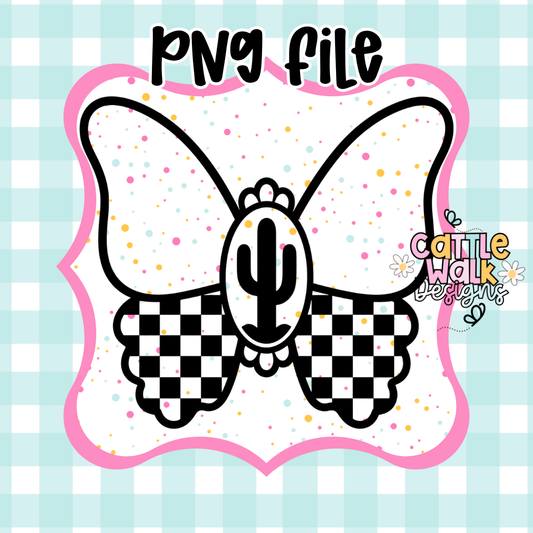 Western Cactus Butterfly PNG | Checkered Retro Butterfly | CWD-Style Thick Bold Outline | Cowgirl Freshie Design | Mold Friendly