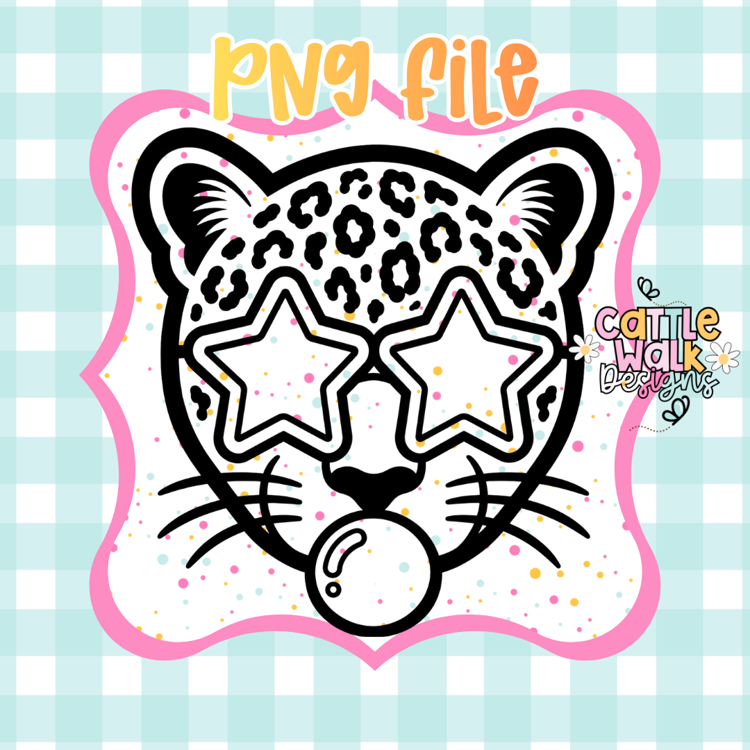 Leopard Head Bubble Gum PNG | Retro Leopard PNG | Star Sunglasses Leopard | Cute Animal Print PNG | Digital Download