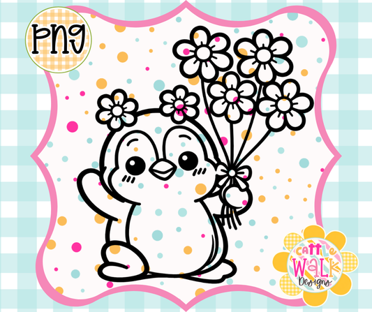 Flower Penguin PNG | Cute Spring Penguin Design | Bold Outline Freshie Digital Download