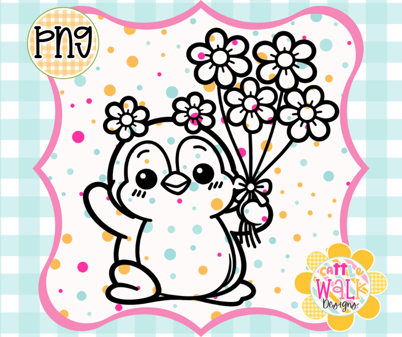 Flower Penguin PNG | Cute Spring Penguin Design | Bold Outline Freshie ...