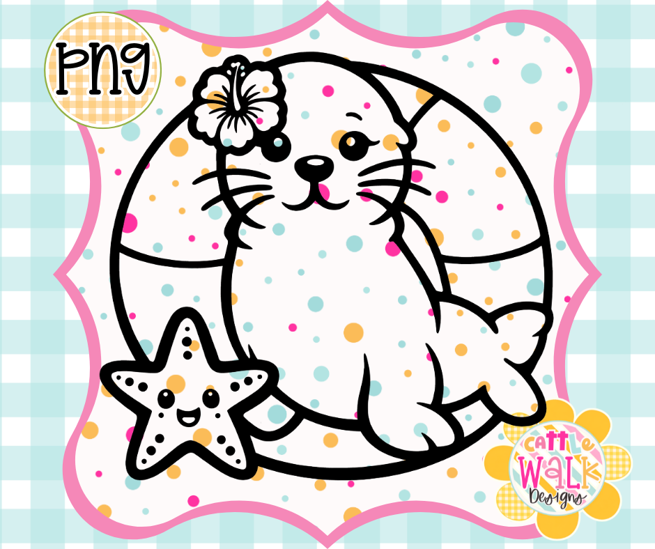 Tropical Seal PNG | Beach Starfish Summer Design | Bold Outline Freshie Digital Download