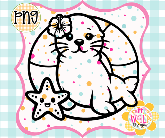 Tropical Seal PNG | Beach Starfish Summer Design | Bold Outline Freshie Digital Download