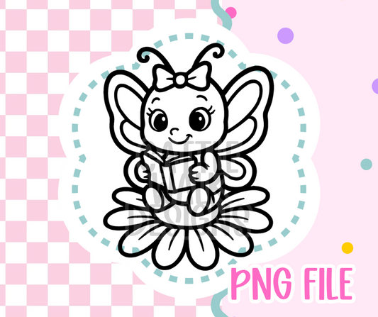 Butterfly Girl Outline PNG – Cute Reading Butterfly Sitting on Flower