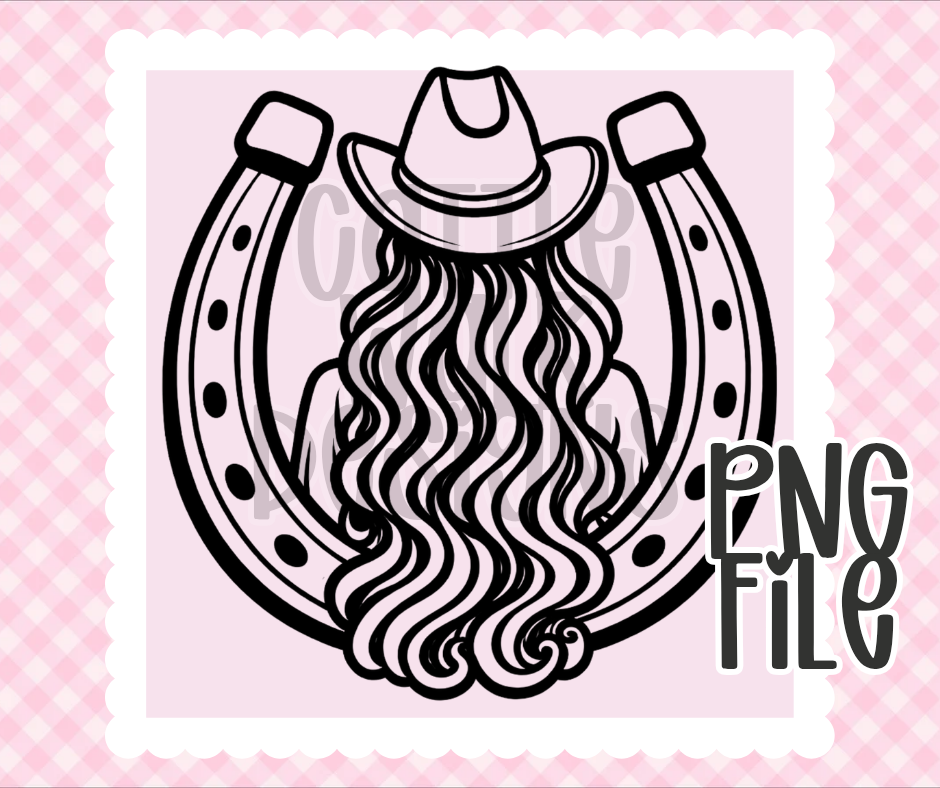 Western Girl Horseshoe PNG | Cowgirl Hat & Flowing Hair | Bold Black & White Outline | Freshie & Craft PNG