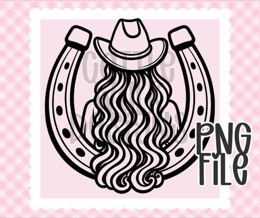 Western Girl Horseshoe PNG | Cowgirl Hat & Flowing Hair | Bold Black & White Outline | Freshie & Craft PNG