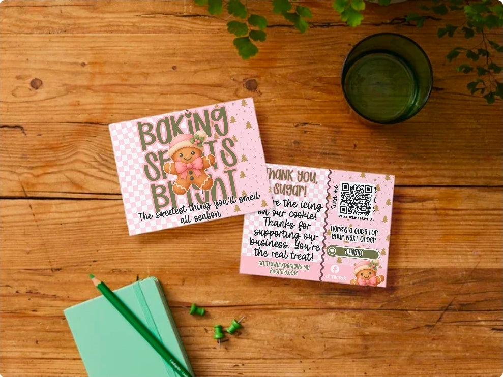 Sugar & Spice Editable Business Card Template + 6 Sweet Packaging Stickers | Gingerbread Canva Thank You Card for Small Businesses