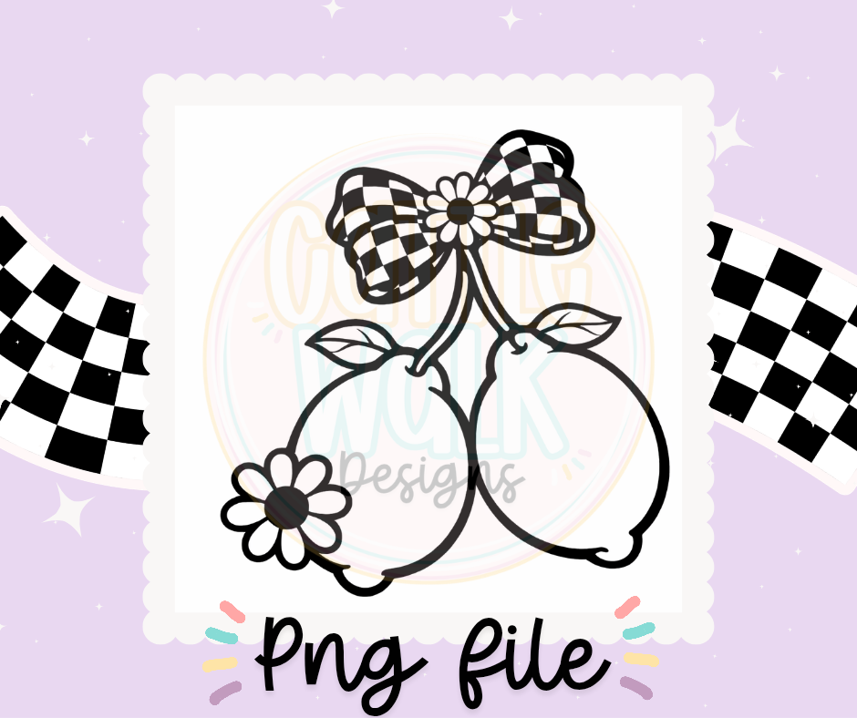 Checkered Bow Lemons + Daisies | Bold Black & White Outline PNG | Retro Spring Citrus Clipart