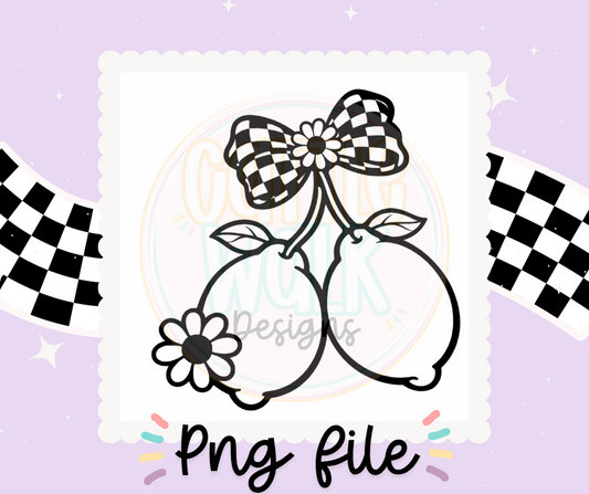 Checkered Bow Lemons + Daisies | Bold Black & White Outline PNG | Retro Spring Citrus Clipart