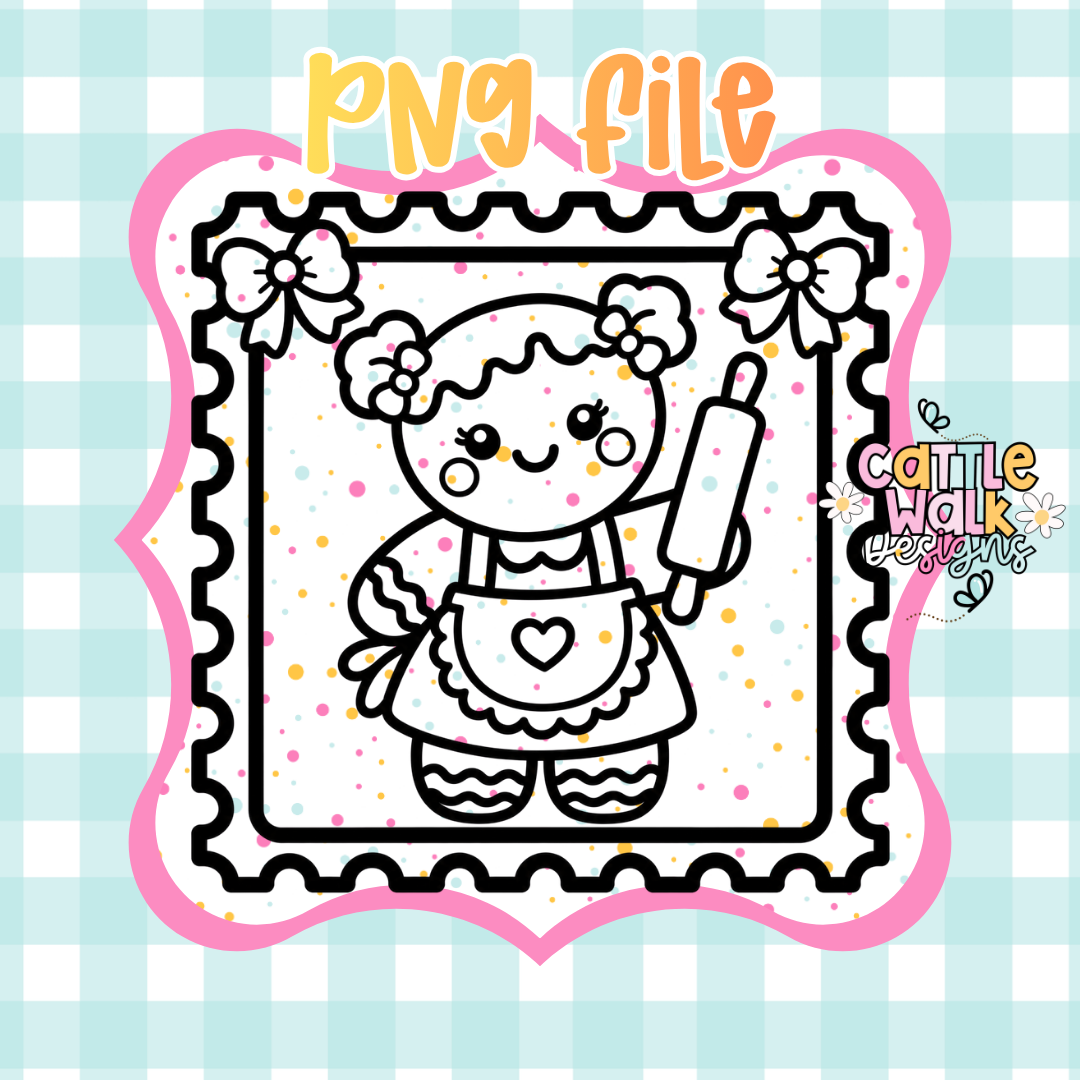 Little Baker Girl Stamp PNG | Baking Girl PNG | Kawaii Baker PNG | Baking Postage Stamp PNG | Digital Download
