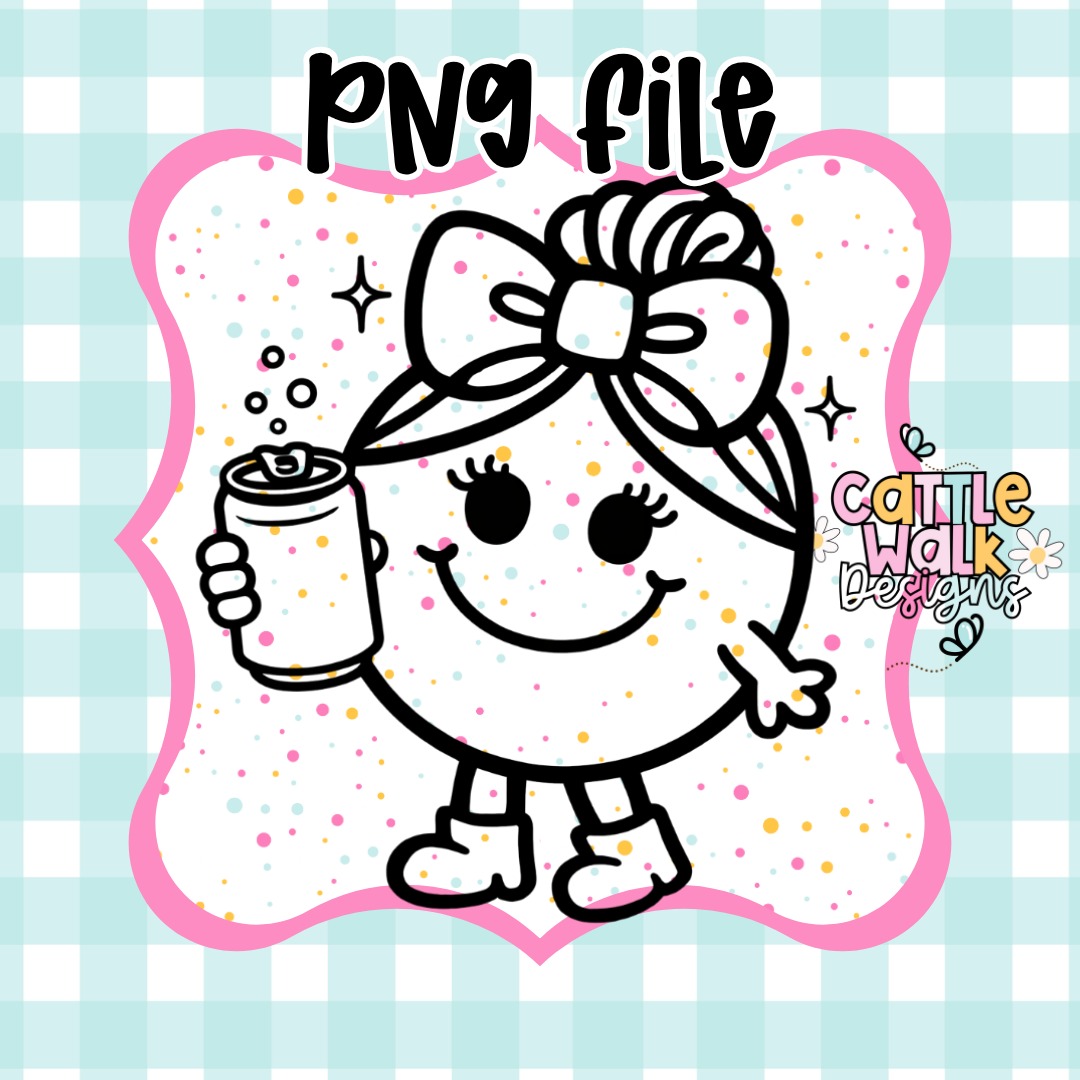 Little Miss Soda PNG | Cute Girl with Drink Can | Funny Sassy Character | Caffeine Lover PNG | Freshie Mold PNG | Bold Outline CWD Style