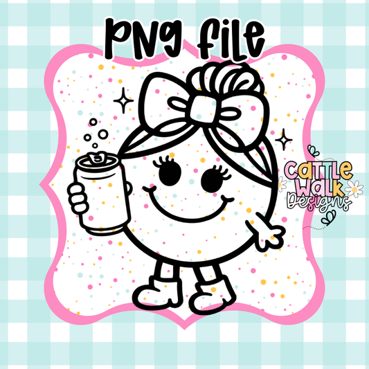 Little Miss Soda PNG | Cute Girl with Drink Can | Funny Sassy Character | Caffeine Lover PNG | Freshie Mold PNG | Bold Outline CWD Style