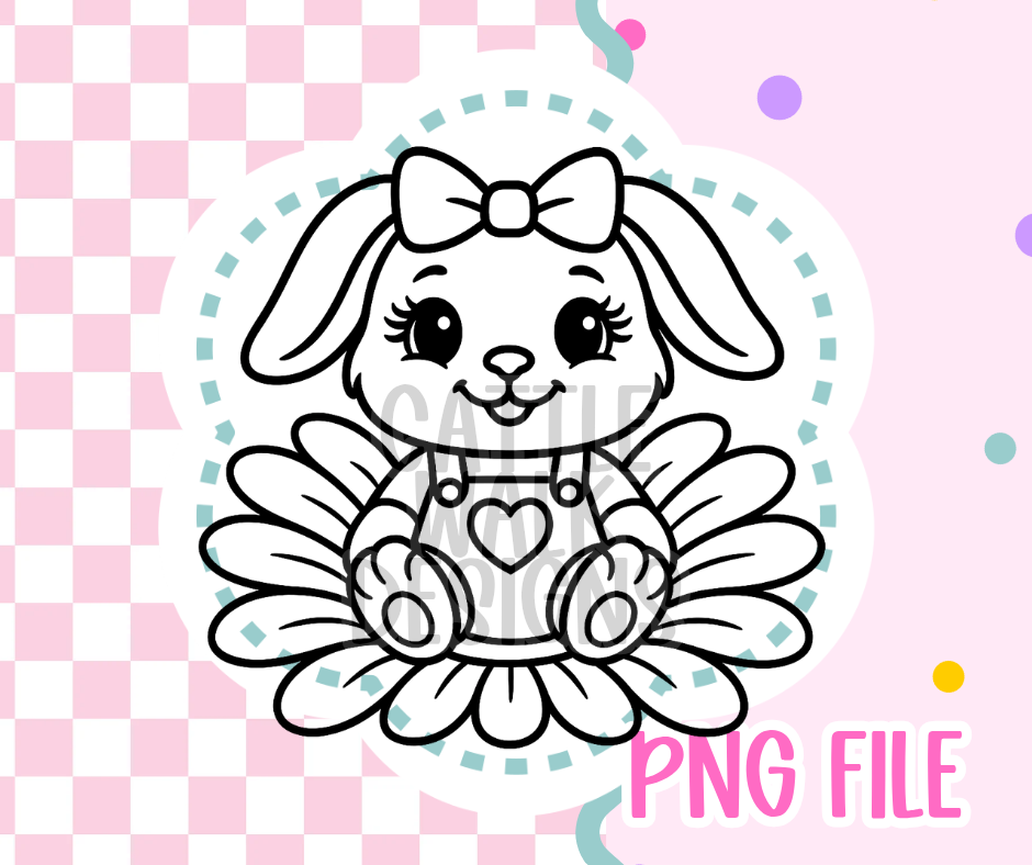 Bunny Girl Outline PNG – Cute Bunny in Overalls Sitting on Flower
