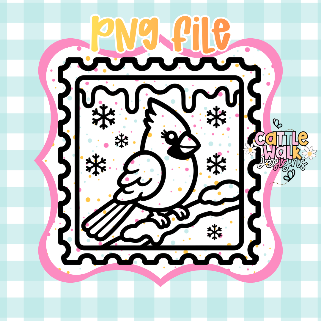 Winter Cardinal Stamp PNG | Cardinal Bird PNG | Snowy Cardinal PNG | Christmas Postage Stamp PNG | Digital Download