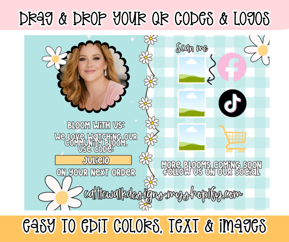 Editable Canva Business Card Template – Bloom With Us Thank You Insert | QR Code, Discount Code & Social Media Card | Small Business Marketing Template