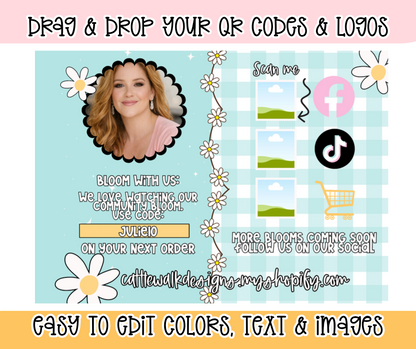 Editable Canva Business Card Template – Bloom With Us Thank You Insert | QR Code, Discount Code & Social Media Card | Small Business Marketing Template